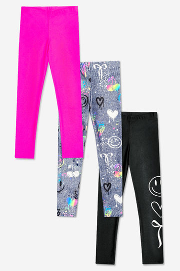 3-Pack High Shine Legging - Black White Smile | Fuchsia Pink | Charcoal Graffiti Elements - NEW!