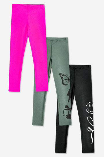 3-Pack High Shine Legging - Black White Smile | Fuchsia Pink | Olive Black Butterfly - NEW!