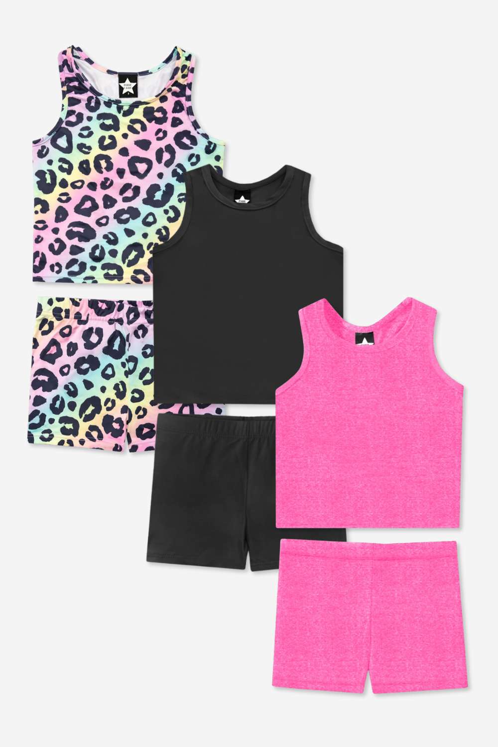3-Pack Simply Soft Luxe Cropped Racerback Tank & Tumble Short - Light Blue Smile Star | Neon Pink Rainbow Heart | Steel Black Peace Heart