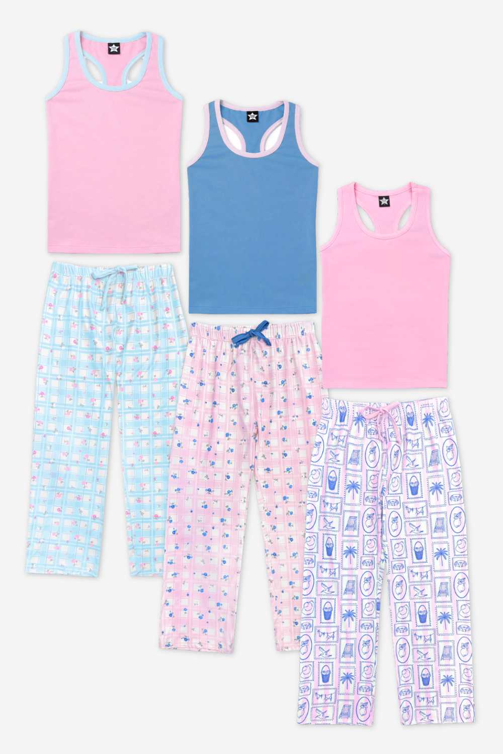3 Pack Simply Soft Racer Tank & Karate Pant Set - Pink Lt Blue Plaid Floral | Denim Pink Plaid Floral | Pink Ivory Striped Strawberry