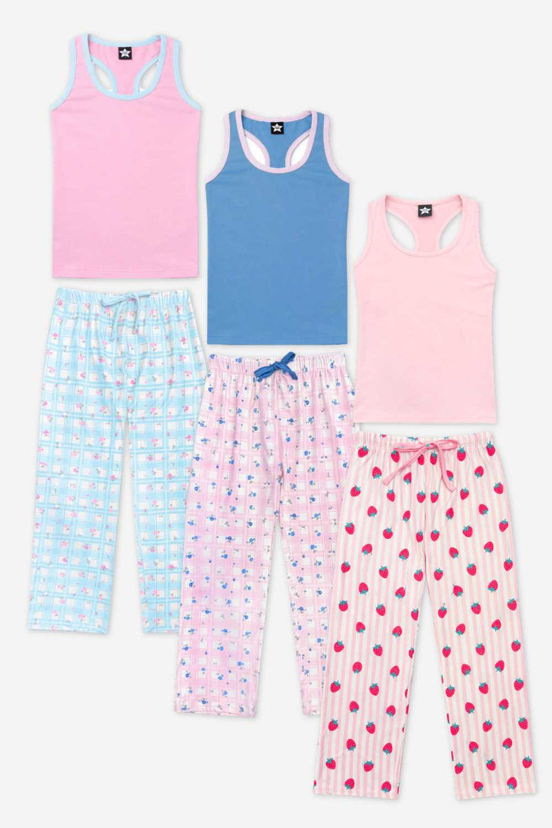 3 Pack Simply Soft Racer Tank & Karate Pant Set - Pink Lt Blue Plaid Floral | Denim Pink Plaid Floral | Pink Ivory Striped Strawberry - NEW!