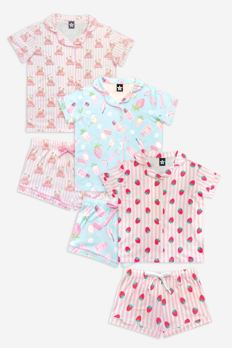3 Pack - Short Sleeve Simply Soft Button Down Top & Short - Sage Pink Makeup | Ivory Pink Stripe Bear Bow | Pink Ivory Striped Strawberry - NEW!
