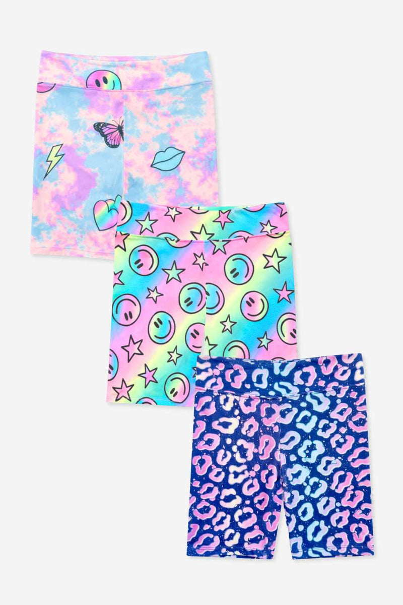 3 Pack Simply Soft Biker Short - Pastel Rainbow Tie Dye Emoji | Rainbow Smile & Stars | Denim Leopard Splatter - NEW!