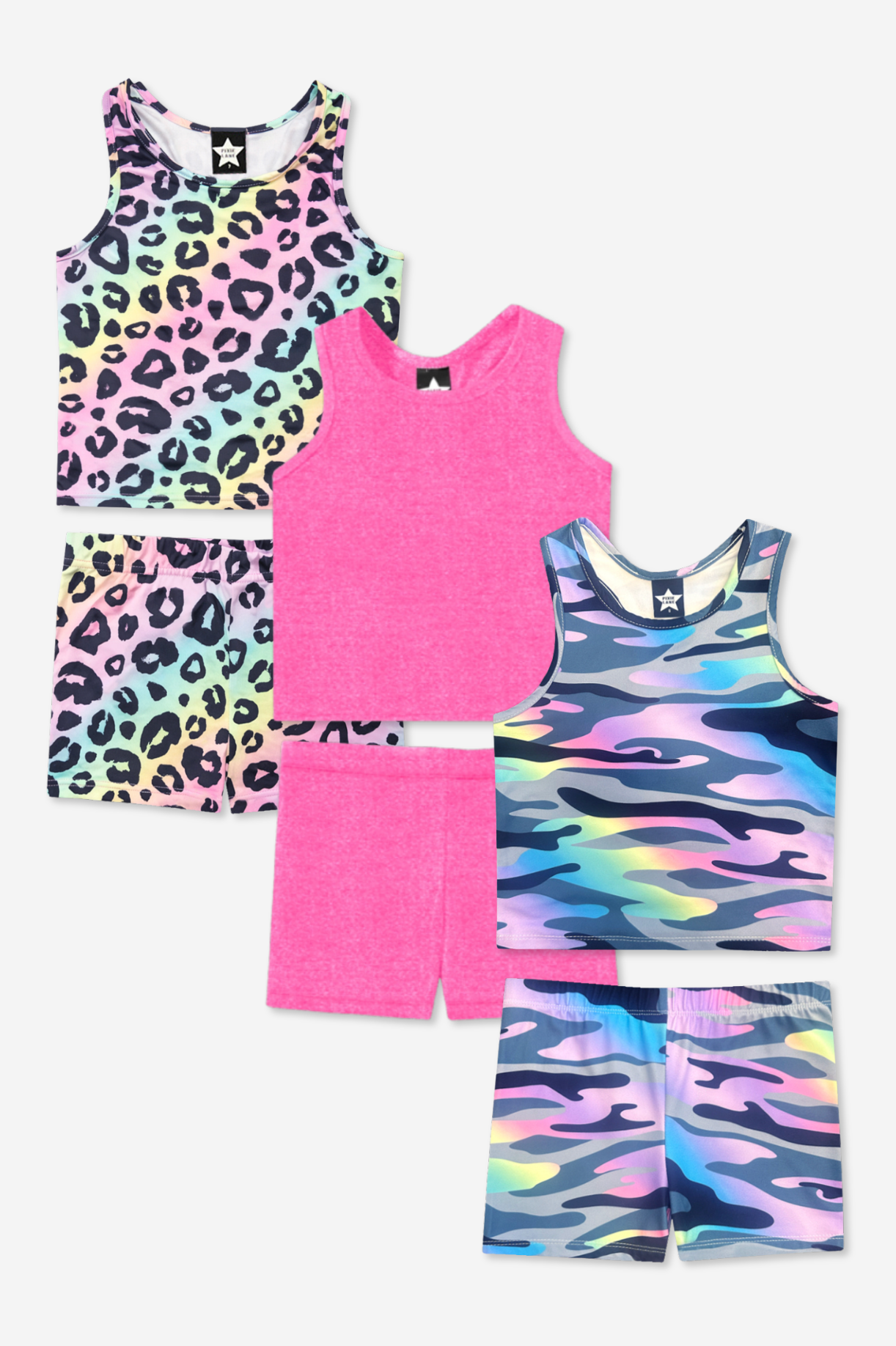 3-Pack Simply Soft Luxe Cropped Racerback Tank & Tumble Short - Light Blue Smile Star | Neon Pink Rainbow Heart | Steel Black Peace Heart