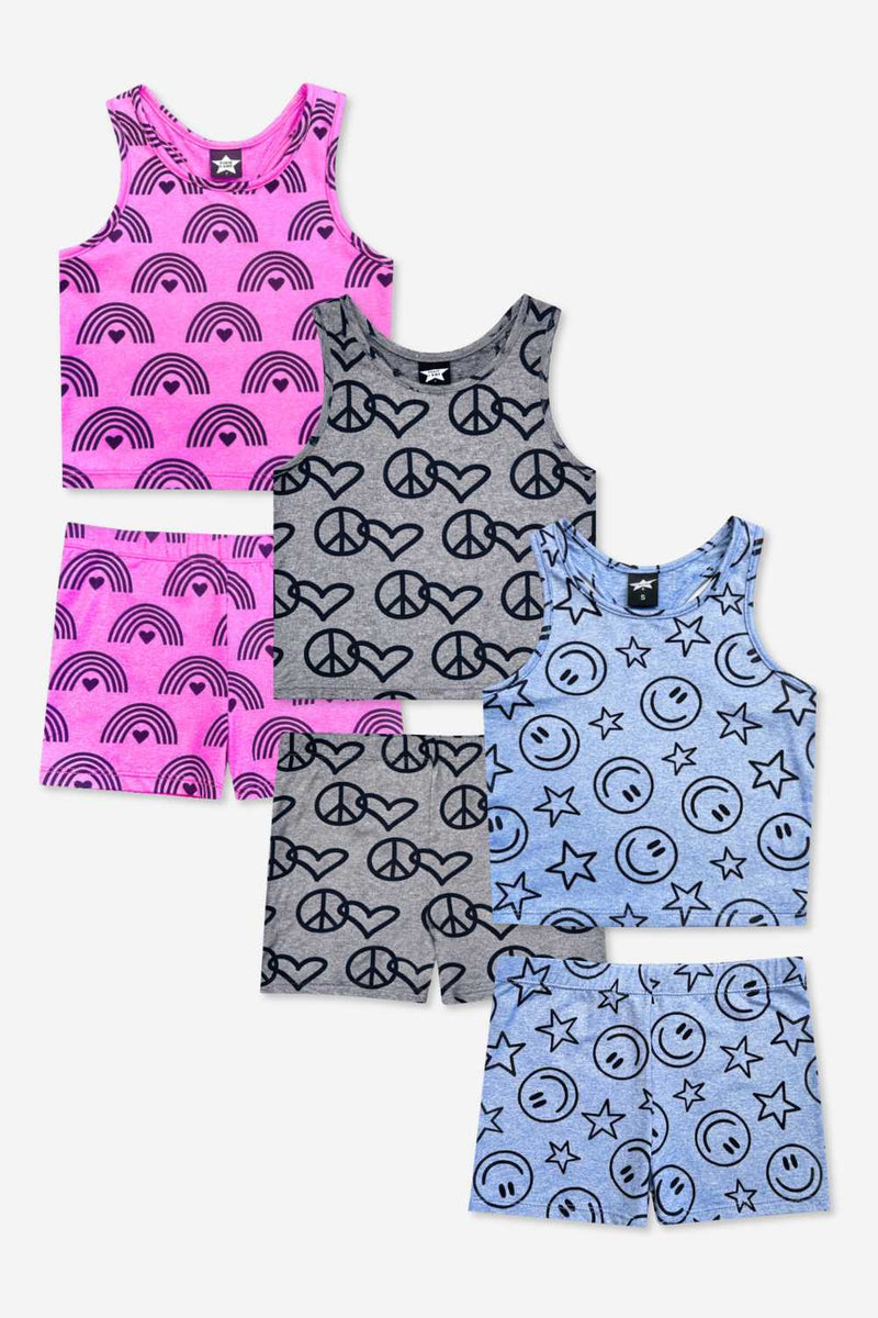 3-Pack Simply Soft Luxe Cropped Racerback Tank & Tumble Short - Light Blue Smile Star | Neon Pink Rainbow Heart | Steel Black Peace Heart