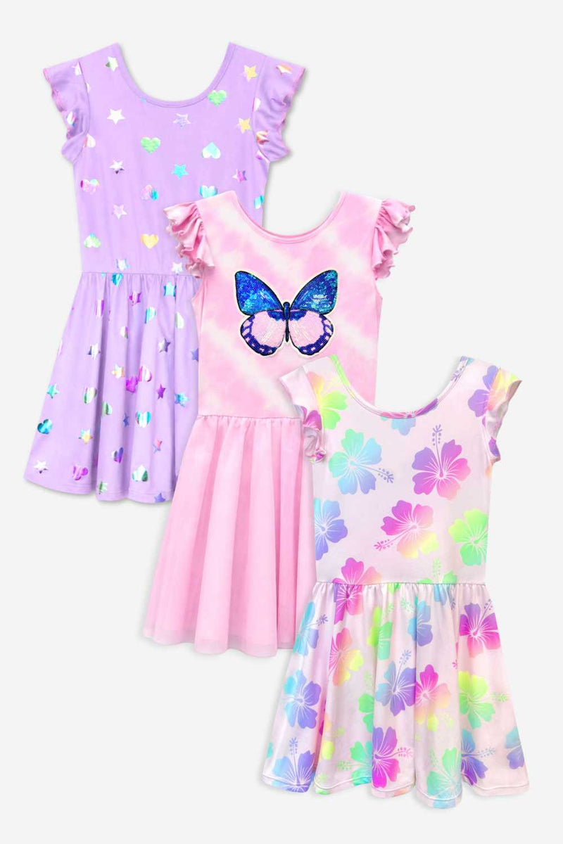 3 Pack Flutter Be Happy Dress - Lt Pink Hibiscus | Pink Sequin Butterfly | Lilac Foil Hearts & Stars - NEW!
