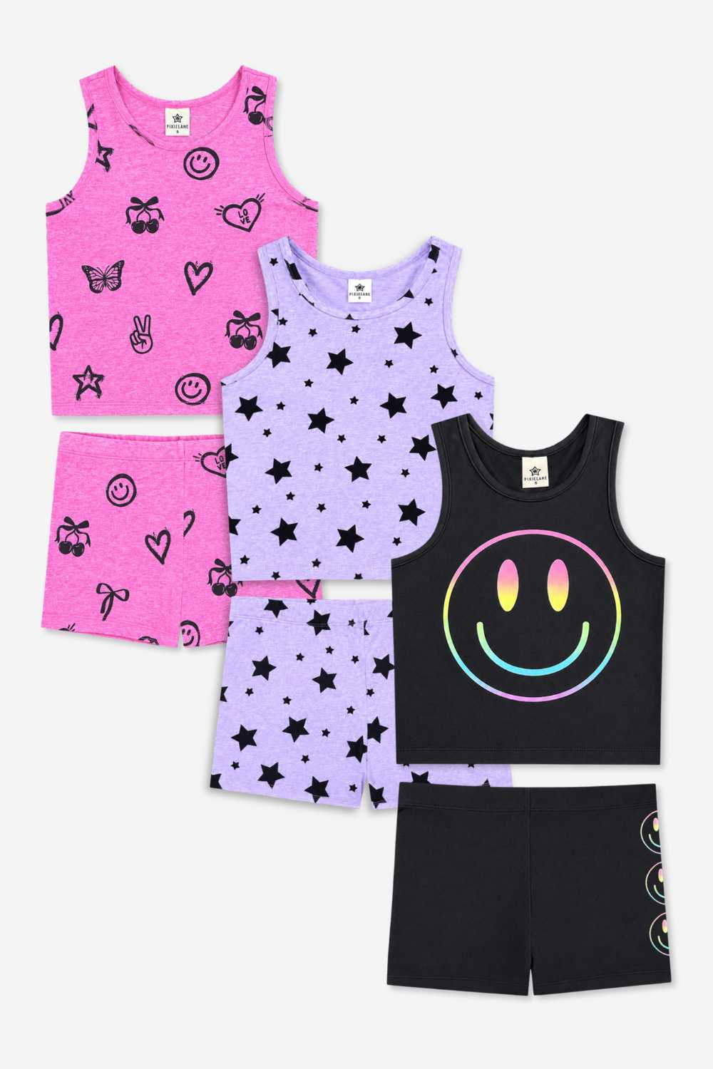 3-Pack Simply Soft Luxe Cropped Racerback Tank & Tumble Short - Black Smile | Lilac Star | Neon Pink Emojis - NEW!