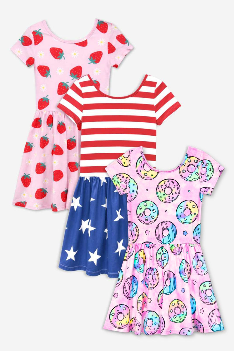 3 Pack SS Be Happy Dress - Pink Strawberry | Red White & Blue | Tie Dye Donuts - NEW!