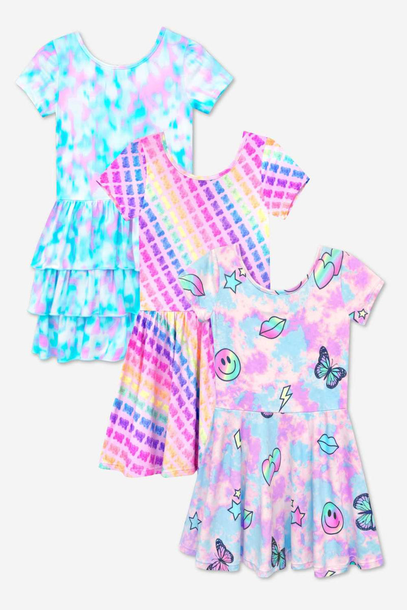 3-Pack Simply Soft Short Sleeve Dress - Pastel Rainbow Tie Dye Emoji | Pink Rainbow Gummy Bear | Lt Blue Neon Pink - NEW!