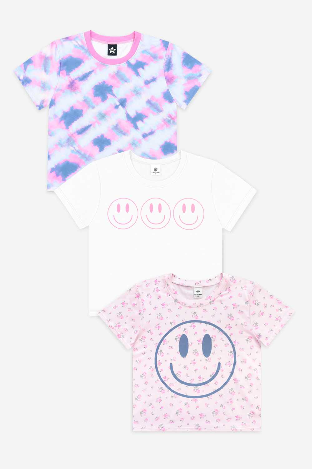 3 Pack Simply Soft Easy Tee - Pink Floral Smile | White Pink Smile | Ice Blue Pink Denim Tie Dye - NEW!