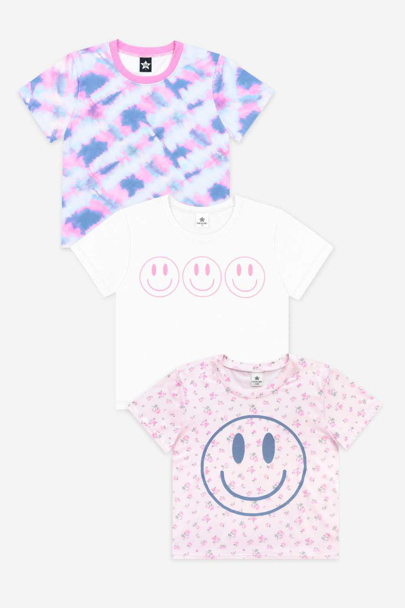 3 Pack Simply Soft Easy Tee - Pink Floral Smile | White Pink Smile | Ice Blue Pink Denim Tie Dye - NEW!