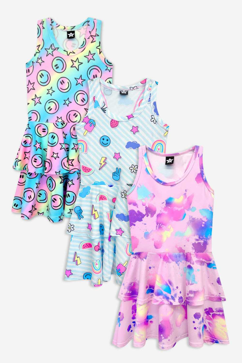 3 Pack Simply Soft Racerback Ruffle Skirt Dress - Pink Bleach Tie Dye | Rainbow Smile & Stars | Blue White Emojis Stickers - NEW!