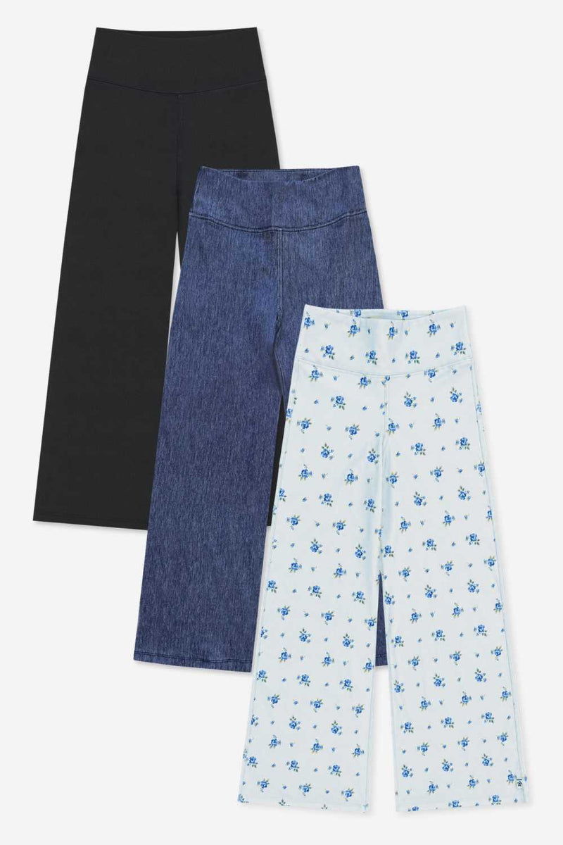 3 Pack Super Stretch Soft Denim Wide Leg Jegging - Black | Light Blue Denim Floral | Vintage Indigo - NEW!