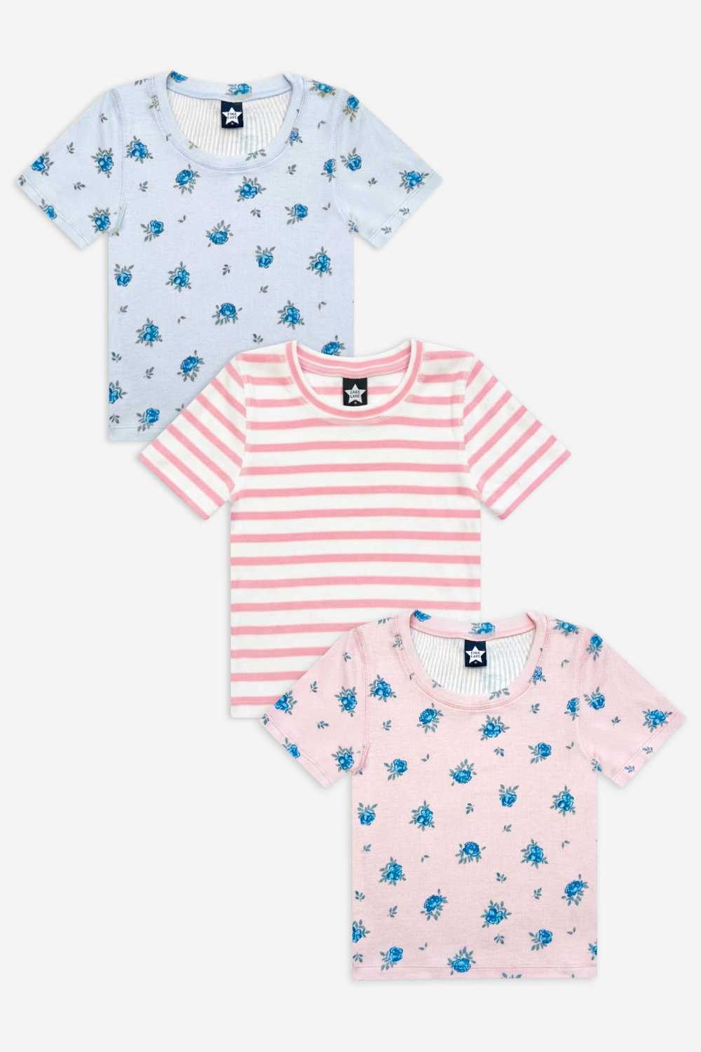 3-Pack Ultra-Soft Ribbed Fitted Tee - Light Blue Ivory Ditsy Floral | Light Pink Ditsy Floral | Ivory Pink Stripe
