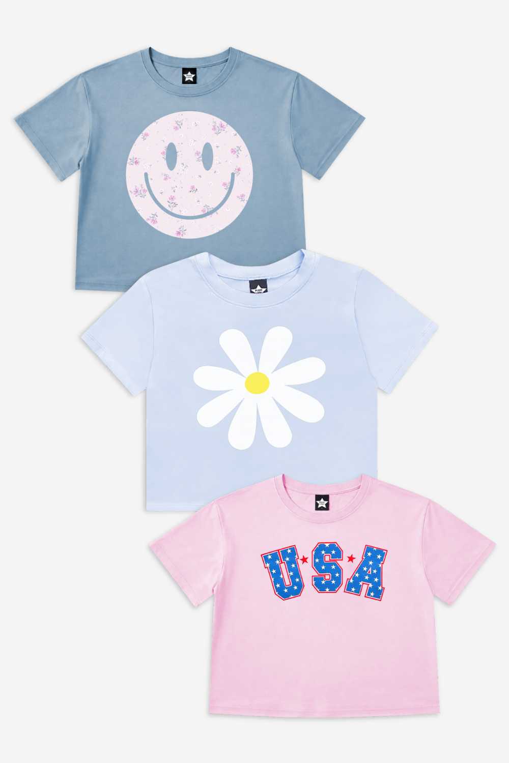 3-Pack Washed Cotton Drop Shoulder Tee - Lilac Denim Palm | Pink Good Vibes Splatter Smile | Pink Strawberry Vibes