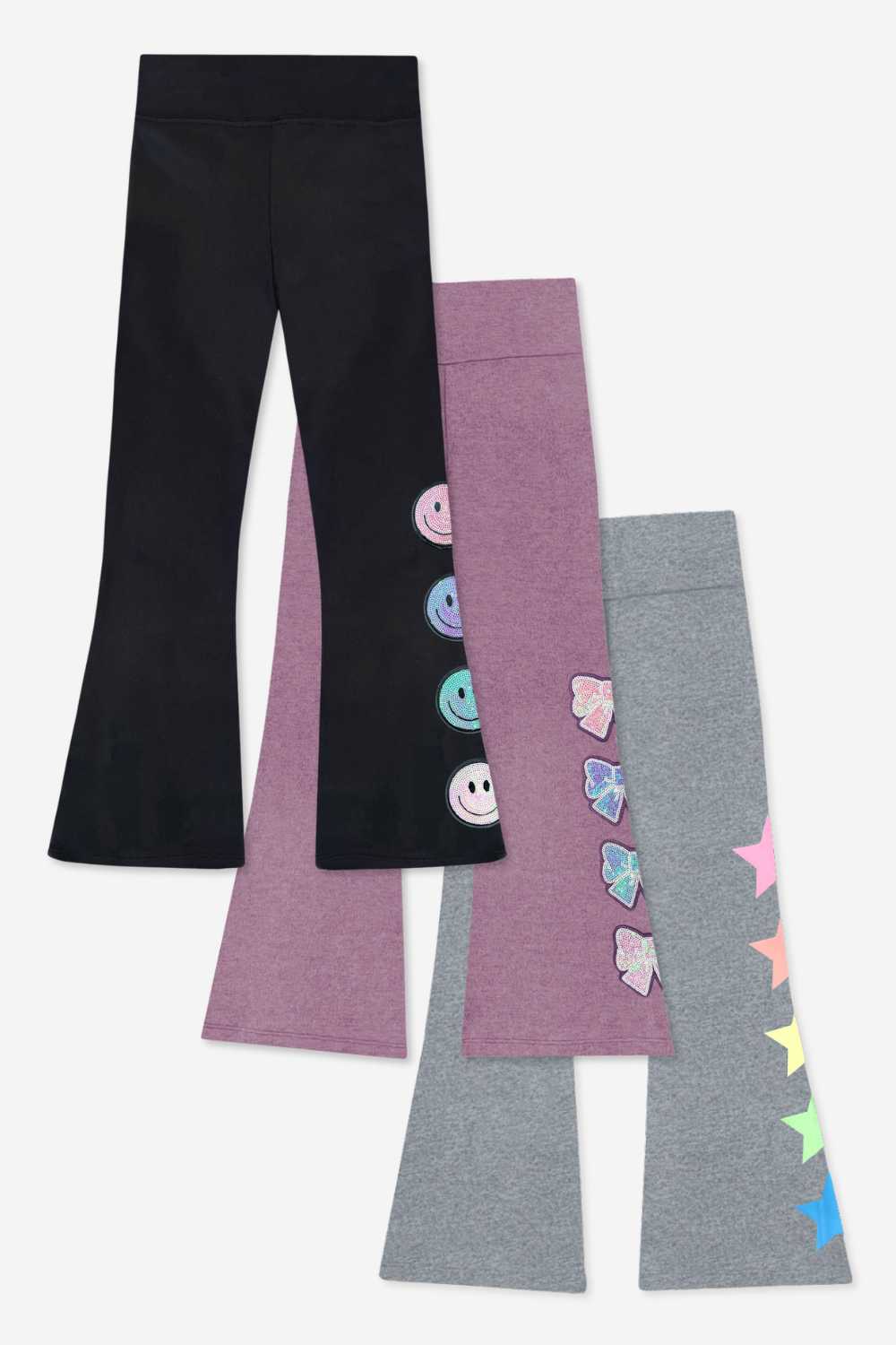 3-Pack Simply Soft Luxe Flare Legging - Dusty Plum Sequin Bow | Steel Rainbow Stars | Black Sequin Smile - NEW!