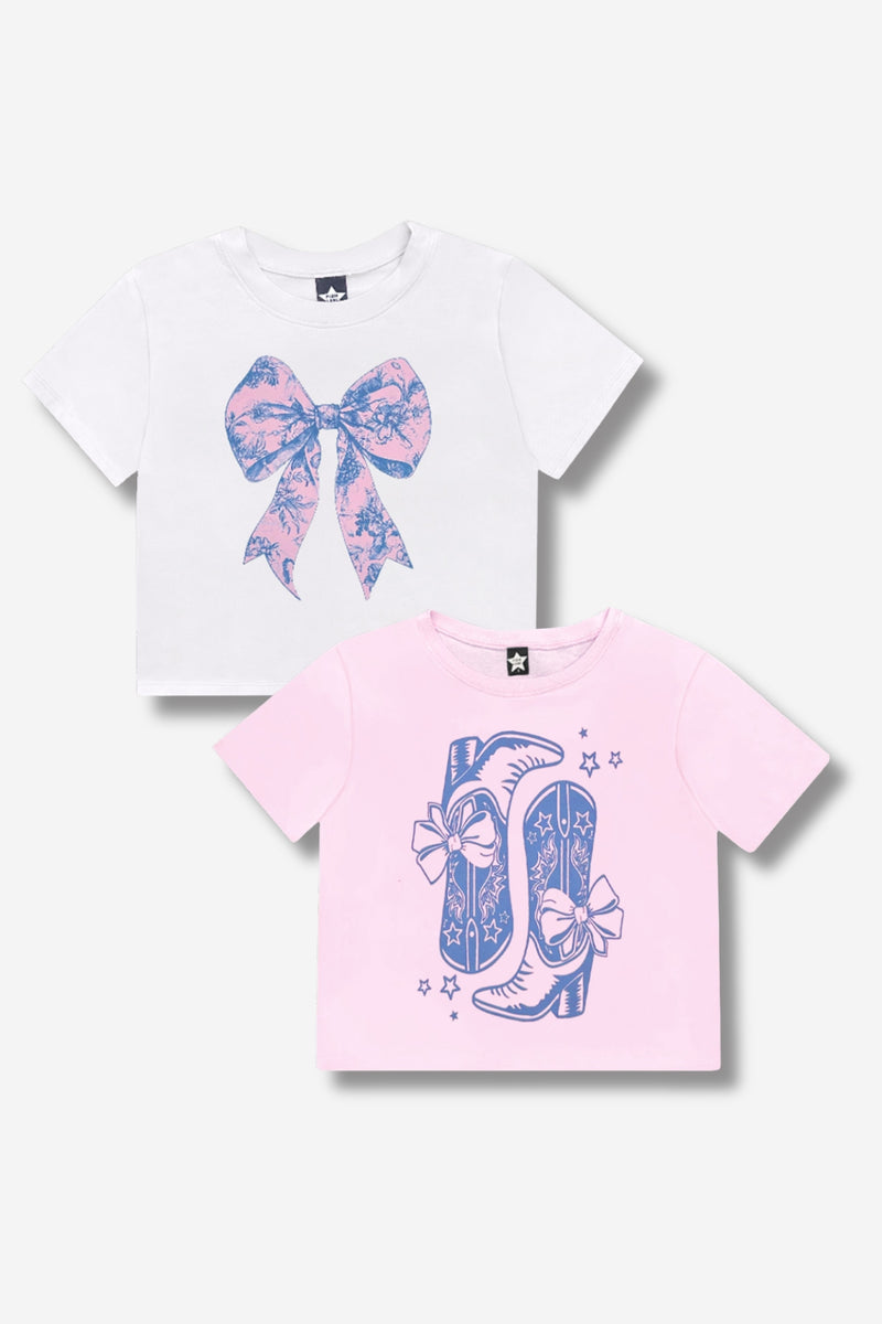 Multipack: Washed Cotton Drop Shoulder Tee - White Floral Bow | Pink Cowboy Boot - Image 1