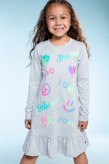 Simply Soft Long Sleeve Ruffle Nightgown - Sky Grey Rainbow Graffiti