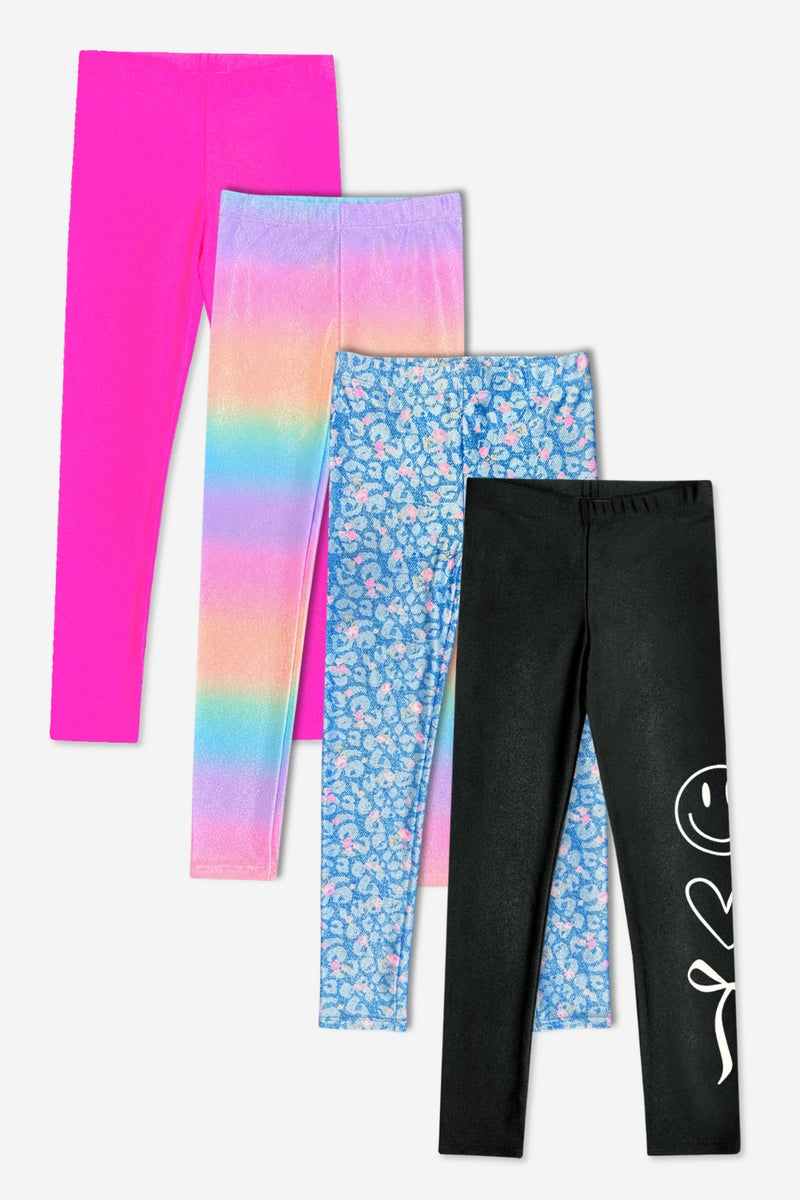 4-Pack High Shine Legging - Neon Pink | Denim Floral | Rainbow Glitter | Black White Smile - NEW!