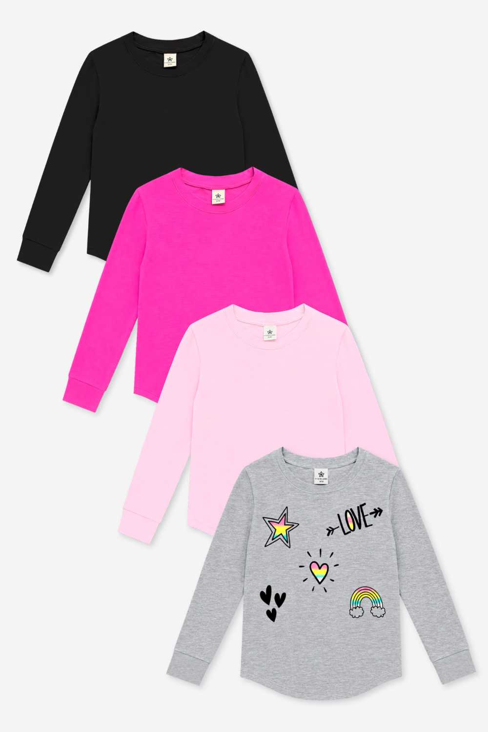 4-Pack Modal Long Sleeve Shirttail Top - Lt Pink | Black | Hot Pink | Heather Grey Rainbow Love Icons - NEW!
