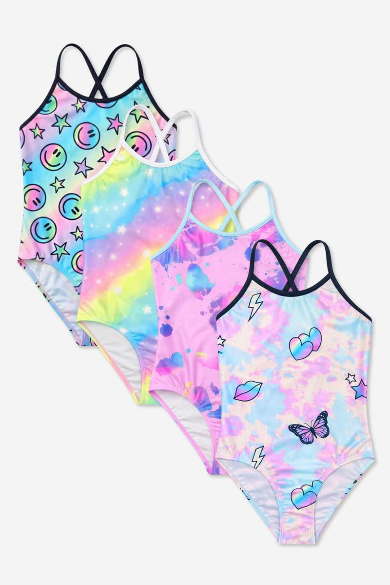 4 Pack - Strappy One Piece Swimsuit - Rainbow Stars | Pink Bleach Tie Dye | Rainbow Smile & Stars | Pastel Rainbow Tie Dye Emoji - NEW!