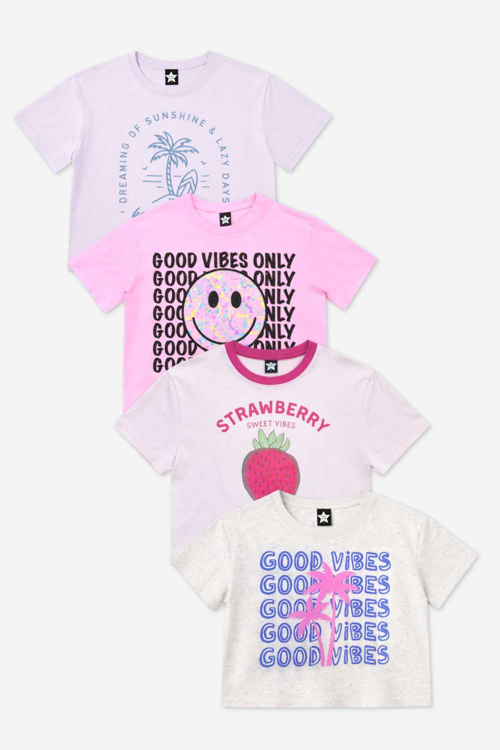 4-Pack Washed Cotton Drop Shoulder Tee - Lilac Denim Palm | Ivory Funfetti Palm | Pink Good Vibes Splatter Smile | Pink Strawberry Vibes