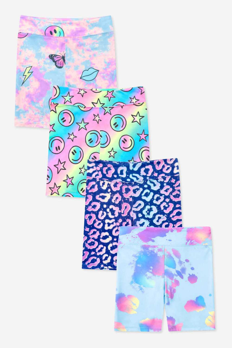 4 Pack Simply Soft Biker Short - Pastel Rainbow Tie Dye Emoji | Blue Bleach Tie Dye | Rainbow Smile & Stars | Denim Leopard Splatter - NEW!