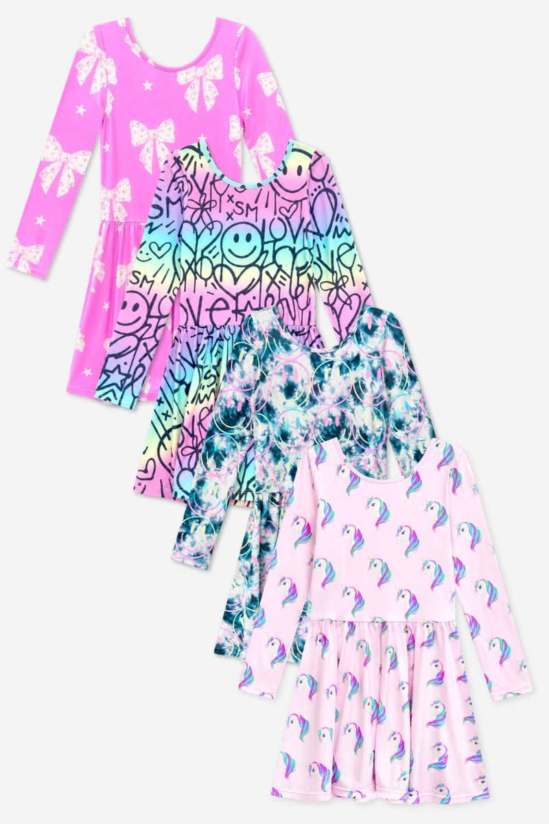 4 Pack Simply Soft Scoop Back Be Happy Dress - Pink Floral Bow | Black Ivory Tie Dye | Pink Rainbow Unicorn | Rainbow Ombre Love Smile Graffiti - NEW!