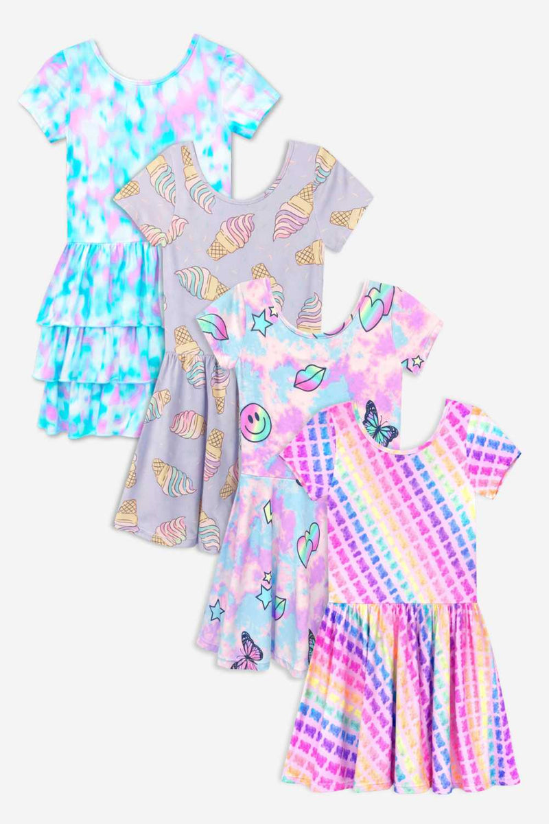 4-Pack Simply Soft Short Sleeve Dress - Lilac Rainbow Ice Cream | Pastel Rainbow Tie Dye Emoji | Pink Rainbow Gummy Bear | Lt Blue Neon Pink - NEW!