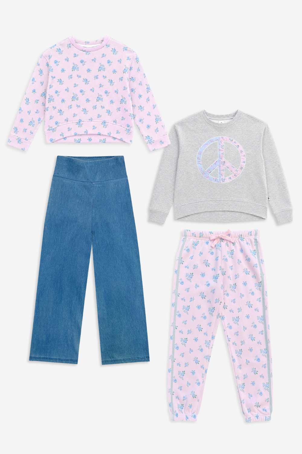 4 Pack Everyday Sweatshirts With Denim Wide Leg Jegging & Sweatpant - Light Pink Floral | Heather Grey Floral | Vintage Blue | Light Pink Floral - NEW!