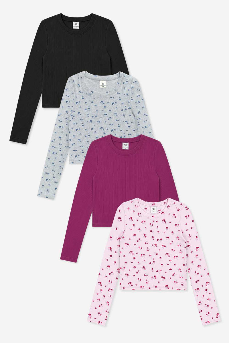 4-Pack Ultra-Soft Ribbed Fitted L/S Tee - Black | H Grey Navy Floral | Burgundy | Pink Burgundy Floral - NEW!