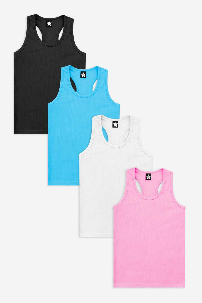 4 Pack - Ribbed Racerback Tank - White | Black | Neon Pink | Neon Blue - NEW!