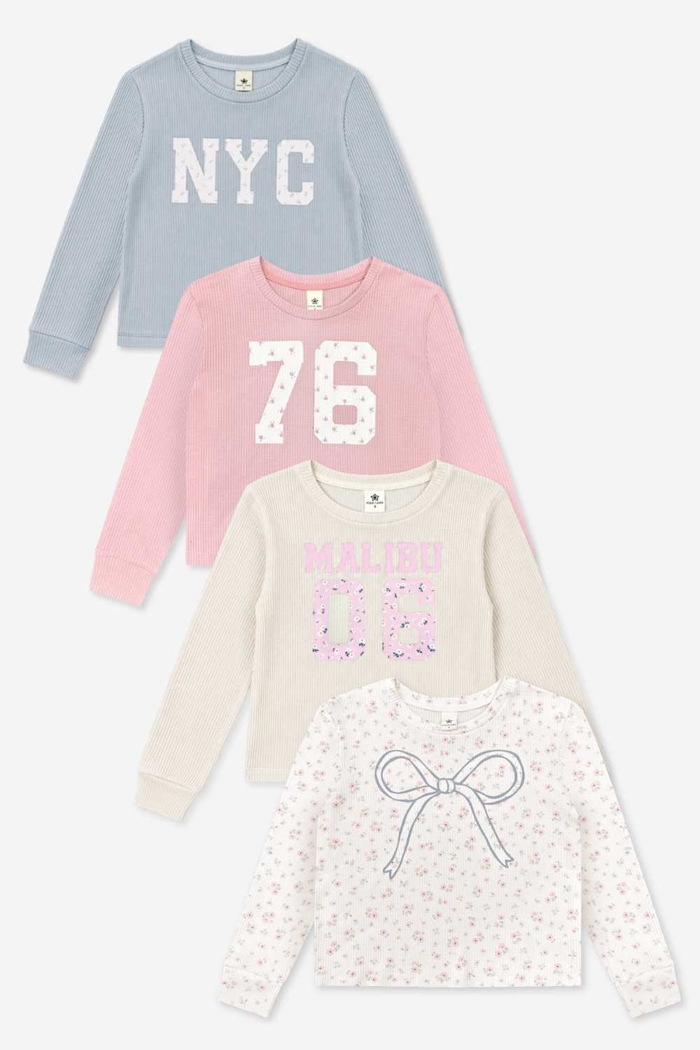 4-Pack Waffle Long Sleeve Easy Tee - Ivory Floral Malibu | Pink Floral 76 | Ivory Floral Bow | Blue Floral NYC - NEW!