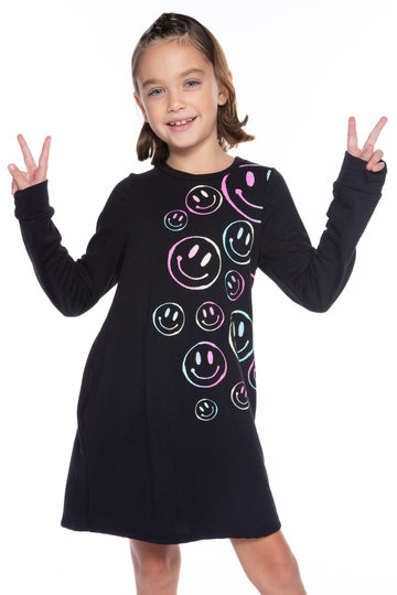 French Terry Swing Dress - Black Outline Smiley