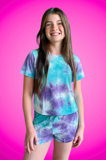 Short Sleeve Easy Tee & Dolphin Short - Teal Purple Tie Dye - Teal Purple Tie Dye