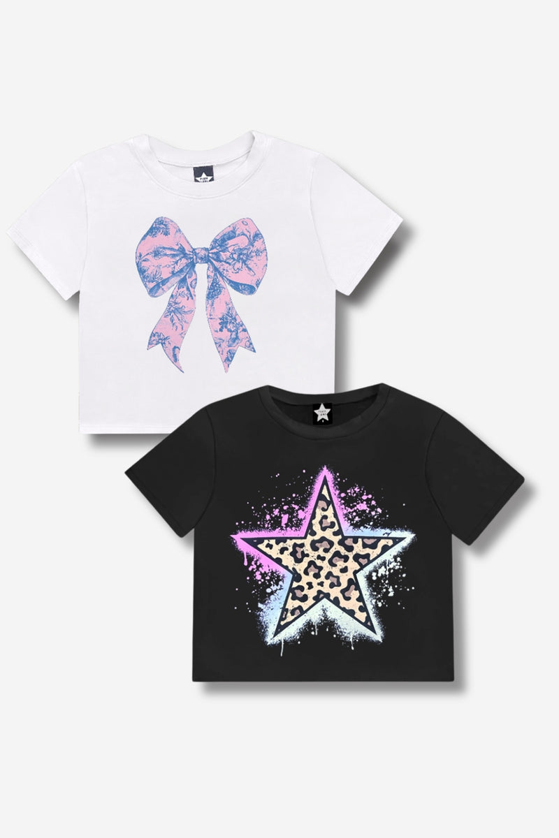 Multipack: Washed Cotton Drop Shoulder Tee - White Floral Bow | Black Leopard Star - Image 1