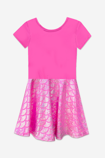 Simply Soft Short Sleeve Skater Dress - Neon Pink Mermaid Glitter