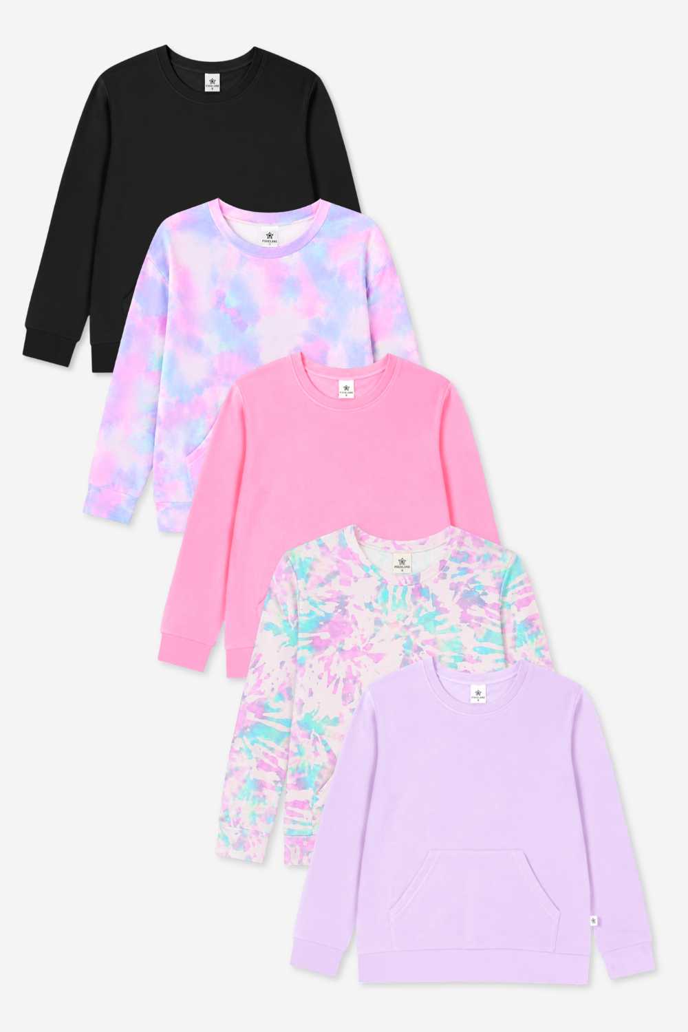 5 Pack Simply Soft Kanga Pocket Crew Top - Neon Pink | Black | Blush Tie Dye | Lilac | Lilac Tie Dye - NEW!