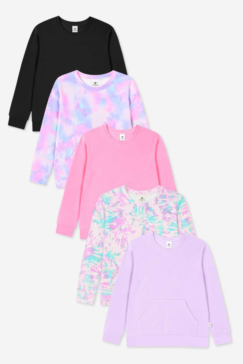 5 Pack Simply Soft Kanga Pocket Crew Top - Neon Pink | Black | Blush Tie Dye | Lilac | Lilac Tie Dye - NEW!