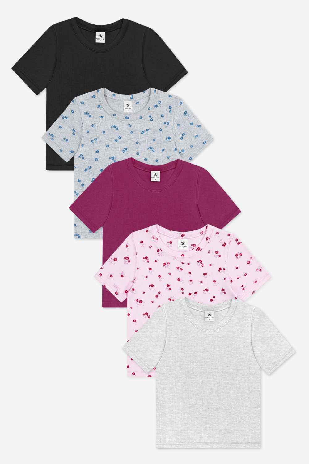 5-Pack Ultra-Soft Ribbed Fitted Tee - Black | Pink Burgundy Floral | Hot Pink | Oatmeal Pink Floral | Soft Lilac - NEW!