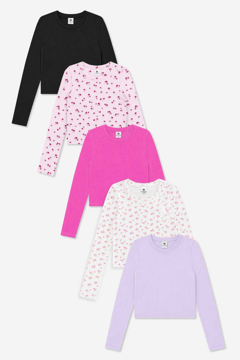 5-Pack Ultra-Soft Ribbed Fitted L/S Tee - Black | Pink Burgundy | Hot Pink | Oatmeal Pink | Soft Lilac - NEW!