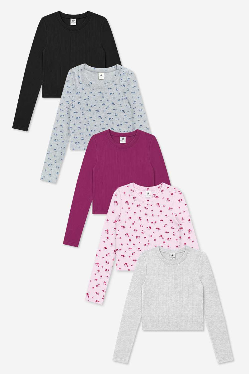 5-Pack Ultra-Soft Ribbed Fitted L/S Tee - Black | H Grey Navy | Burgundy | Pink Burgundy | Ash Grey - NEW!