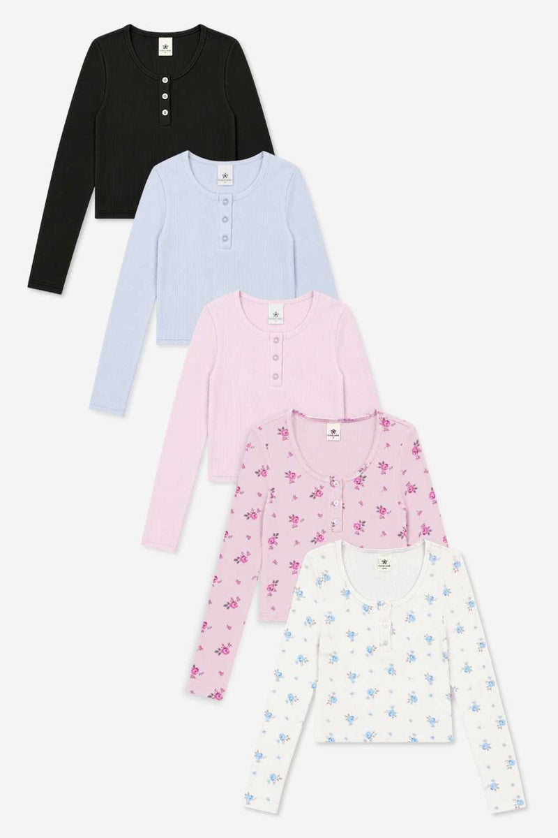 5-Pack Ultra-Soft Rib Fitted Henley - Black | Powder Pink | Powder Blue | Ivory Floral | Powder Pink Floral - NEW!