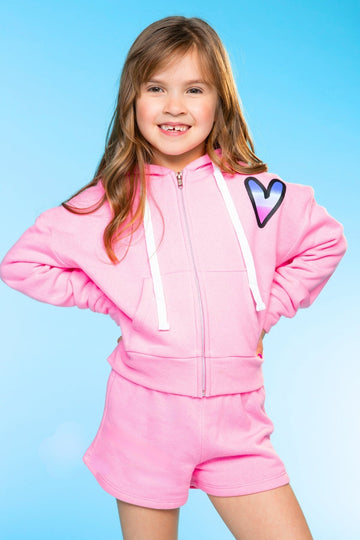 Cotton Soft French Terry Drop Shoulder Zip Hoodie - Neon Pink Heart