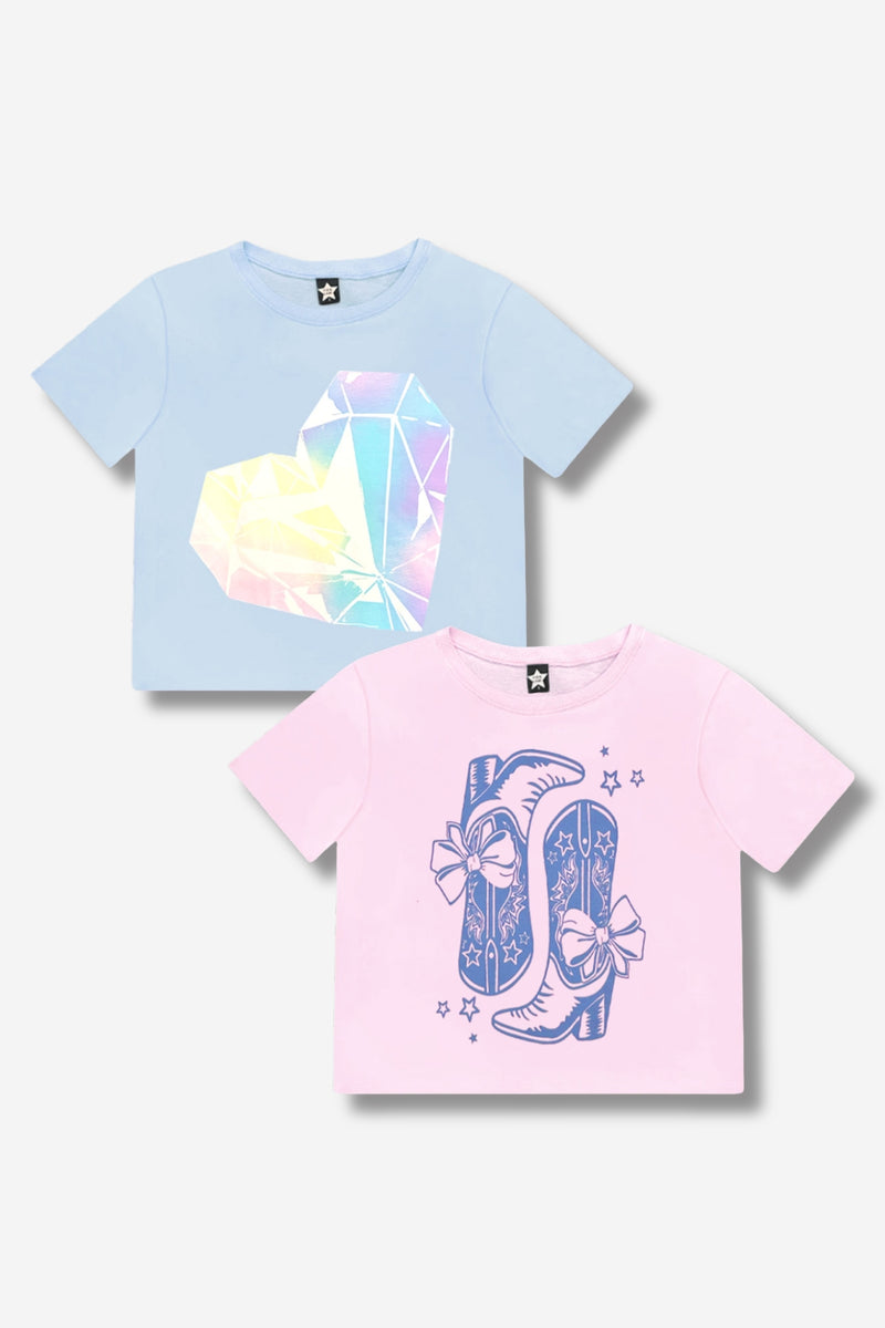 Multipack: Washed Cotton Drop Shoulder Tee - Blue Diamond Heart | Pink Cowboy Boot - Image 1