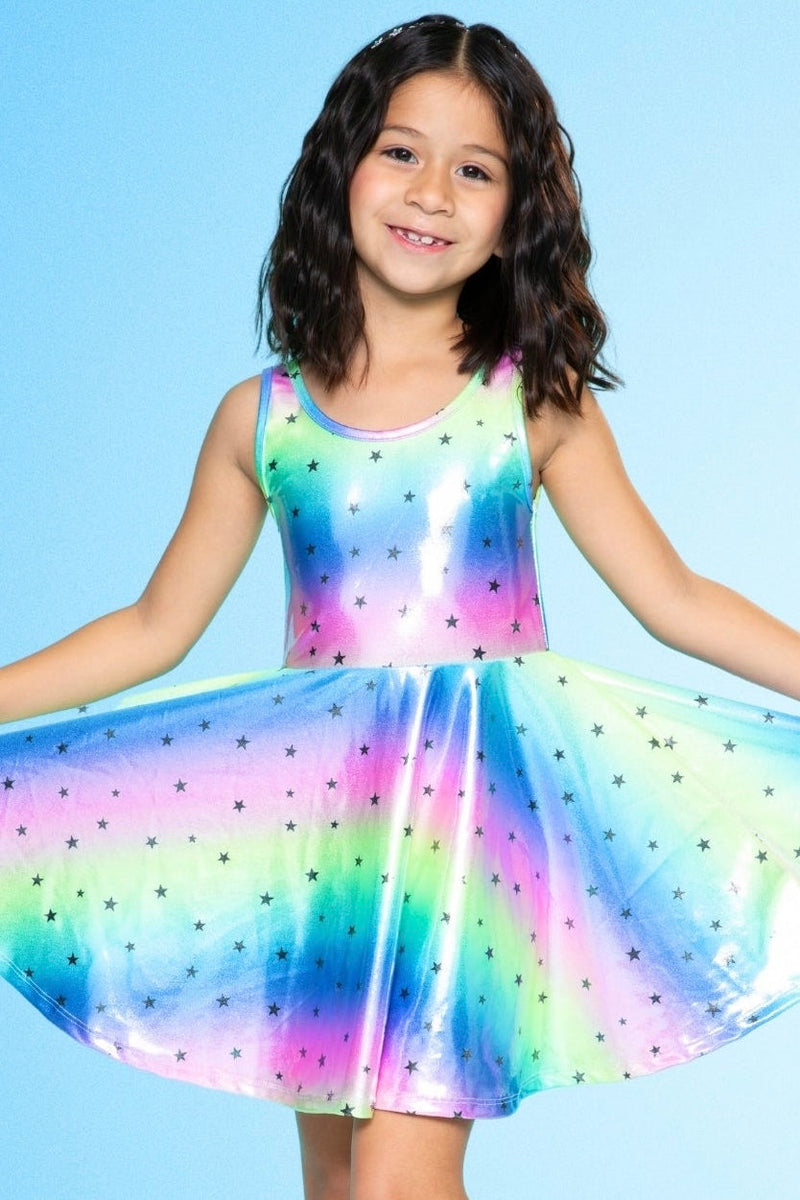 Glitter Tank Super Twirl Dress - Glitter Neon Rainbow Stars - Image 1