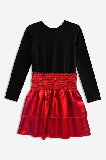 Simply Soft Long Sleeve Smocked Skirt Dress - Black Red Foil