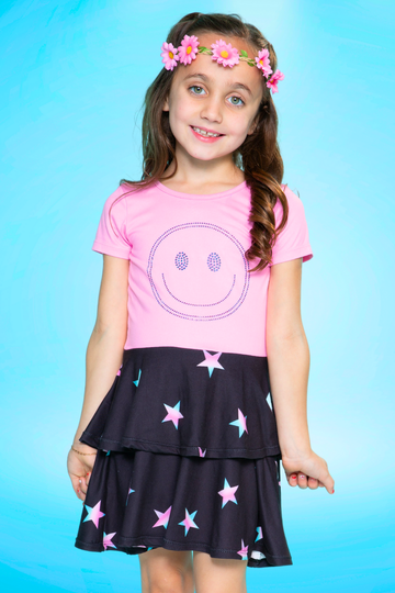 Simply Soft Short Sleeve Ruffle Skirt Dress - Pink Ombre Star Smile