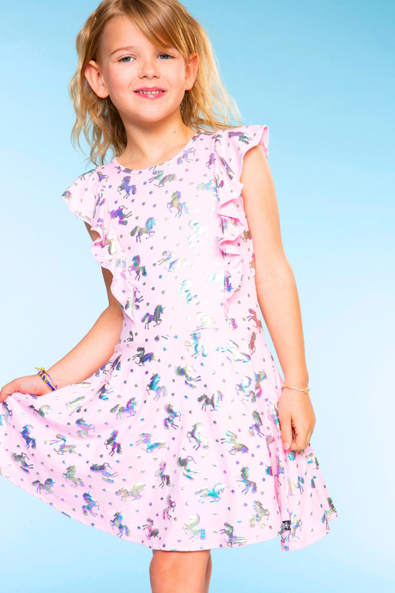 Simply Soft Flutter Sleeve Skater Dress - Pink Foil Unicorn - Image 2