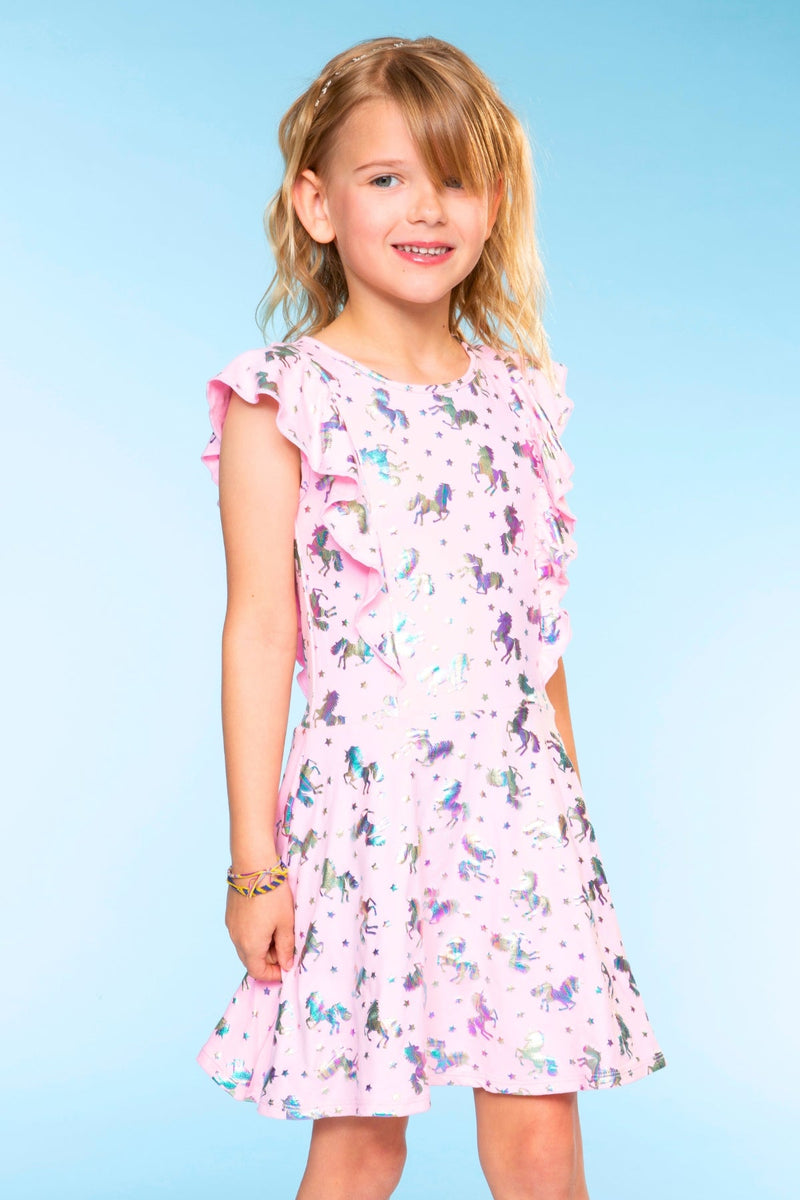 Simply Soft Flutter Sleeve Skater Dress - Pink Foil Unicorn - Image 1